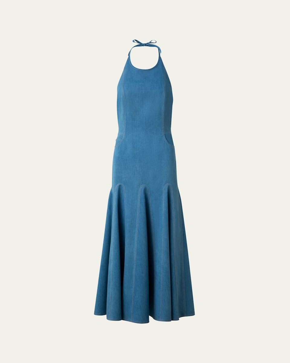 Mixed-Media Halter Pleated Midi Dress